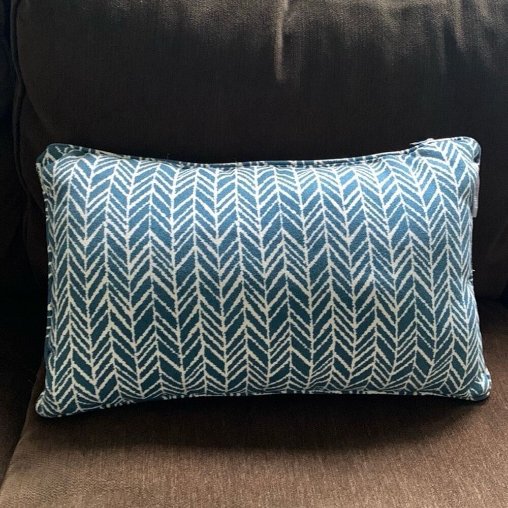 Coastal Outdoor Indoor Herringbone Blue Lumbar Pillow